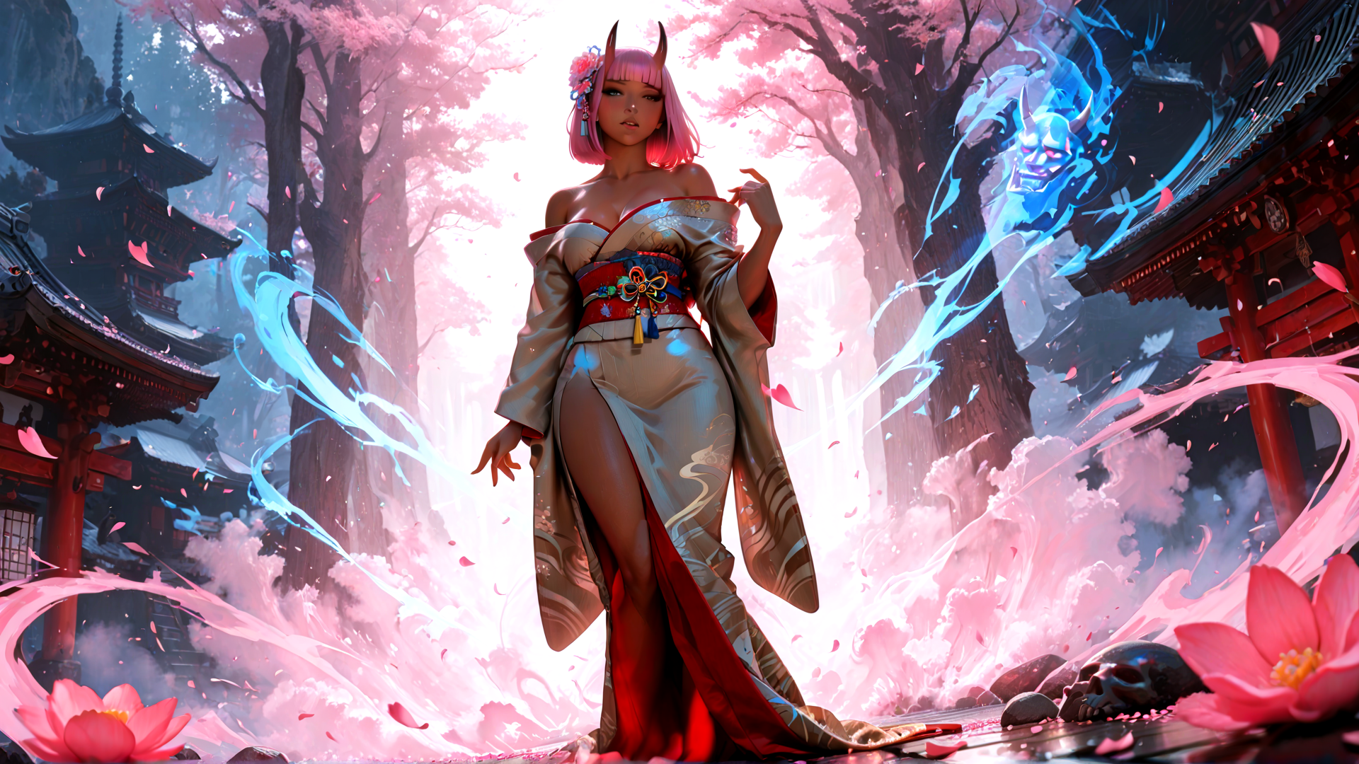 AI generated wallpaper featuring woman, sakura, kimono, spirit, lotus, temple, skull, dragon, cherry blossom, fairy