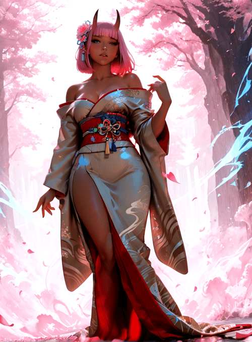 woman, sakura, kimono, spirit, lotus, temple, skull, dragon, cherry blossom, fairy