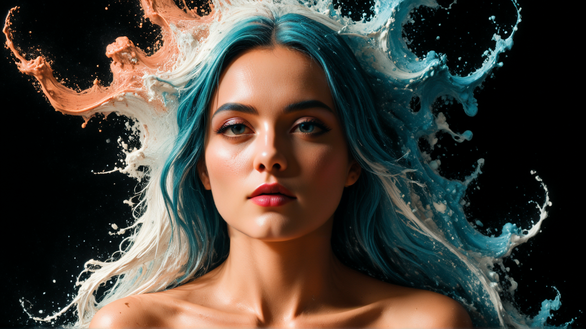 AI generated wallpaper featuring woman, hair, splatter, paint