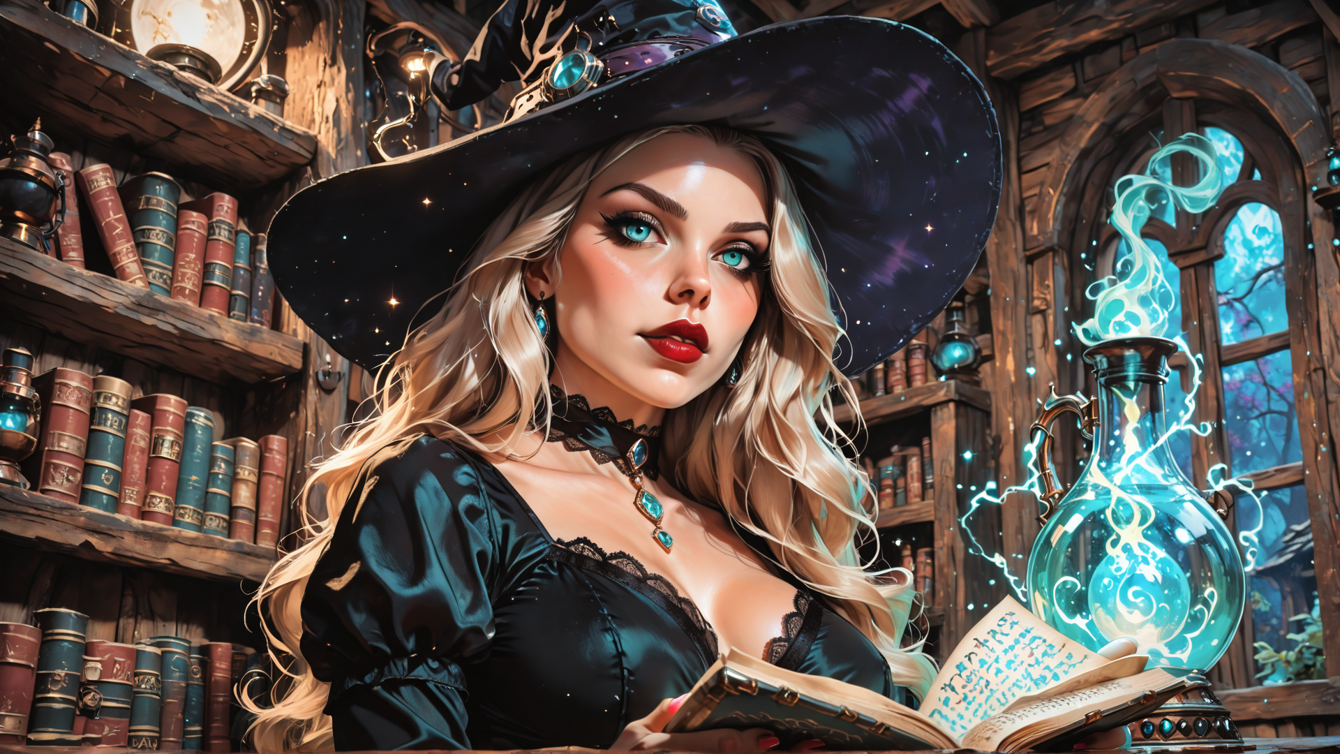 AI generated wallpaper featuring witch, book, cauldron, books, hat, window, lamps