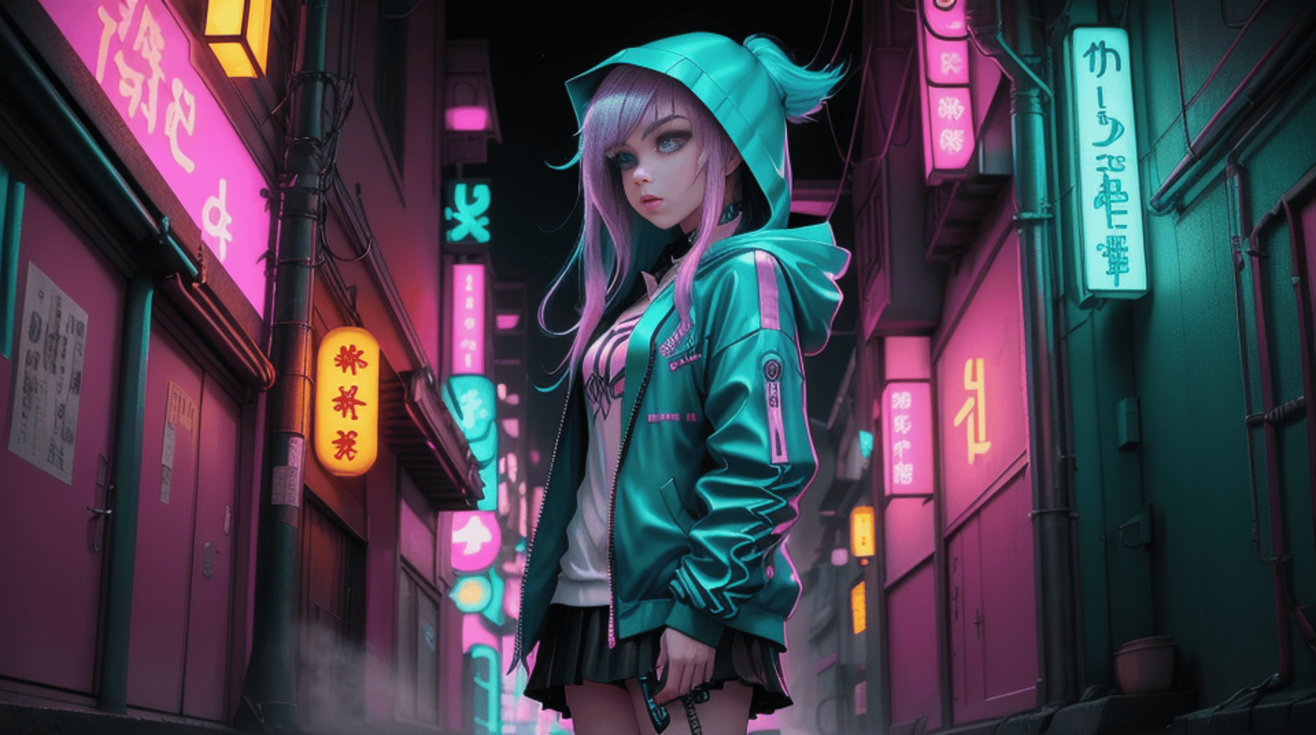 AI generated wallpaper featuring girl, anime, cyberpunk