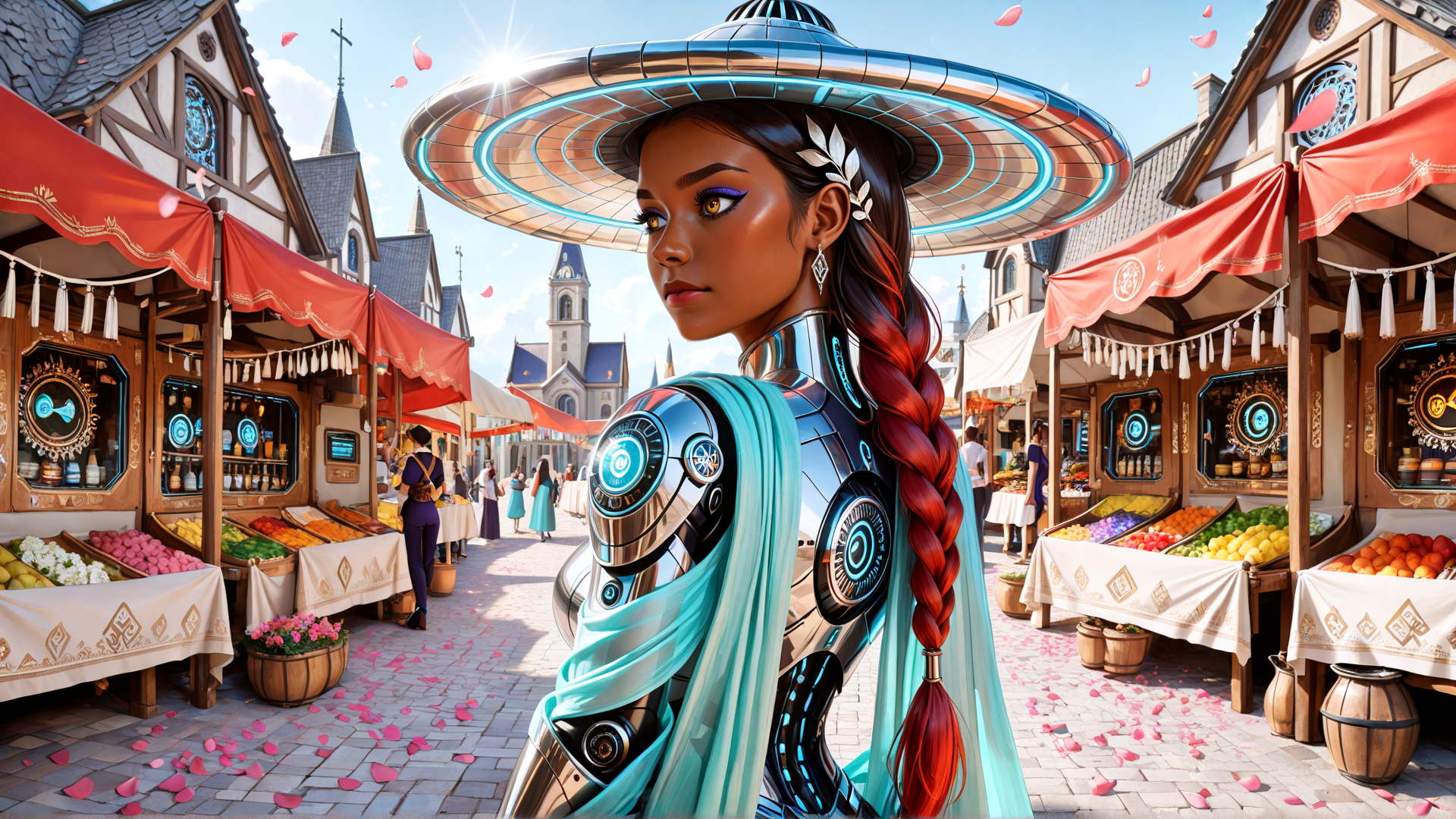 AI generated wallpaper featuring woman, robot, market, braid, hat, fruit, building, people, flowers, sunset
