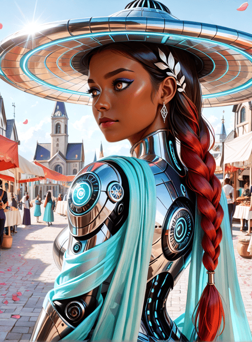 woman, robot, market, braid, hat, fruit, building, people, flowers, sunset