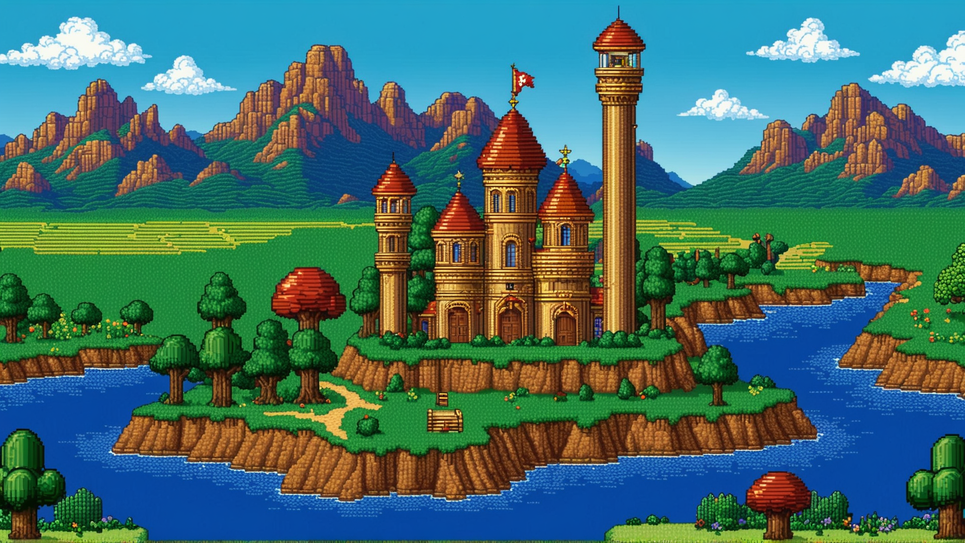 AI generated wallpaper featuring castle, island, tower