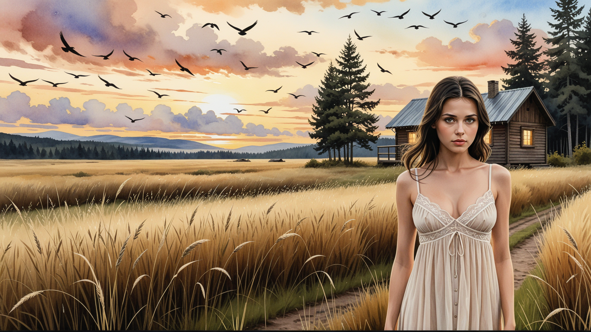 AI generated wallpaper featuring woman, house, grass, birds, trees, field, sun, clouds, path