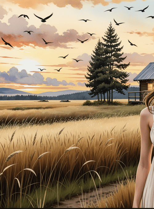 woman, house, grass, birds, trees, field, sun, clouds, path