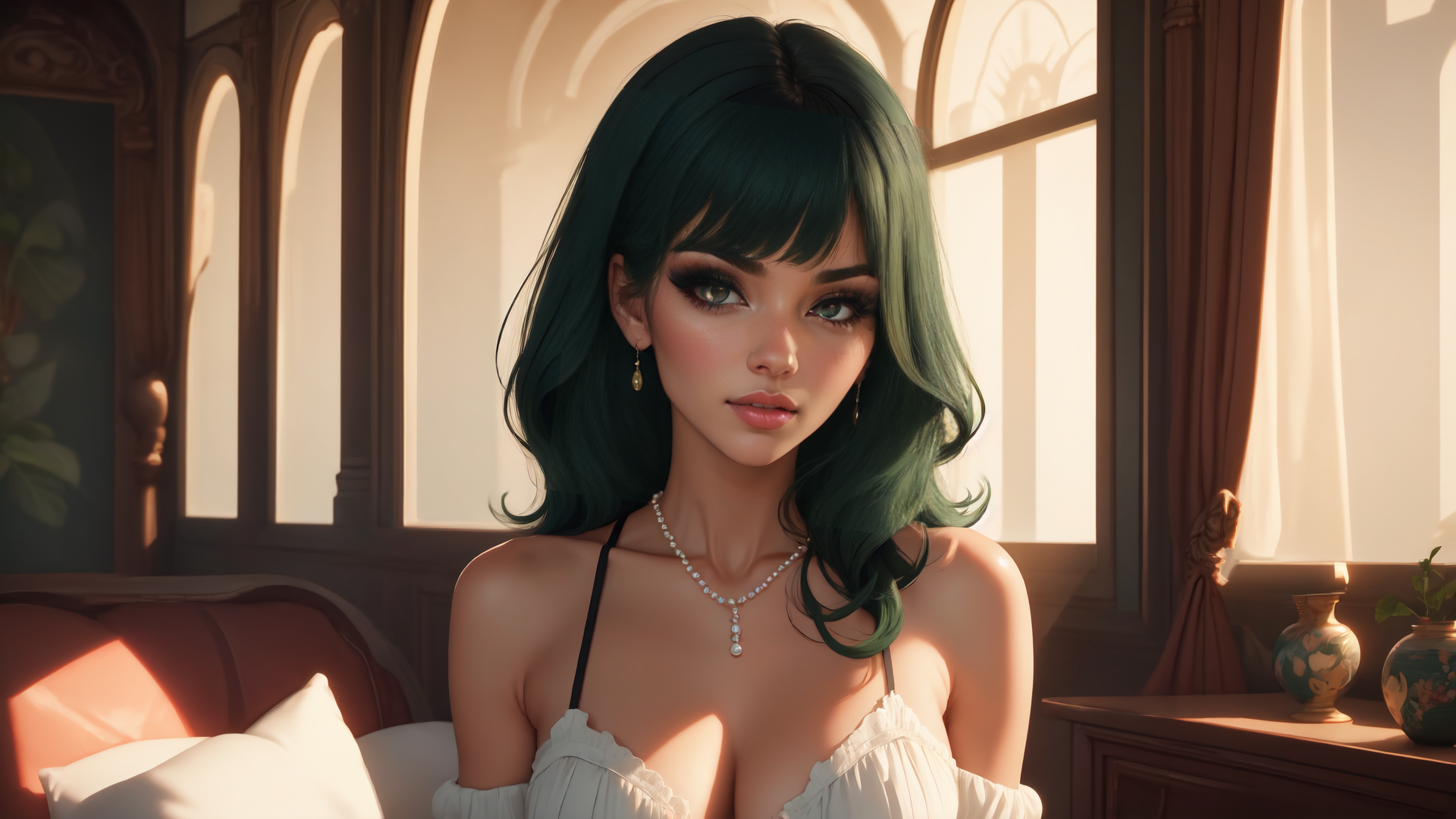 AI generated wallpaper featuring woman, green hair, pearl necklace, bedroom, sunlight