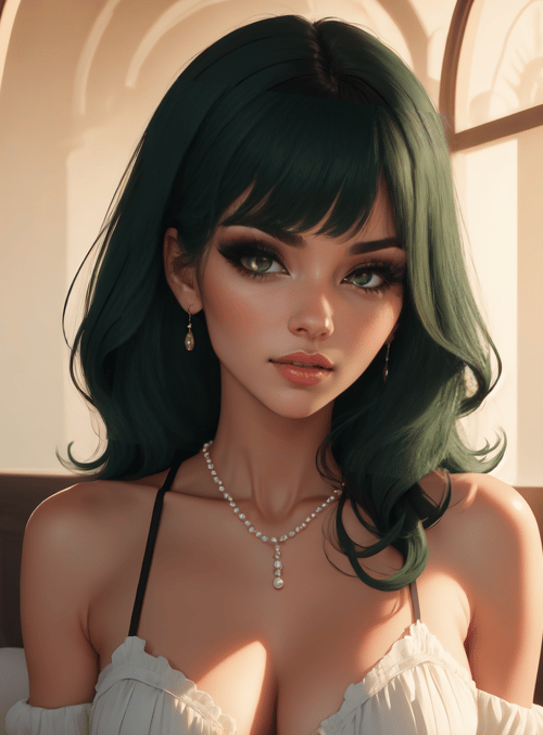 woman, green hair, pearl necklace, bedroom, sunlight