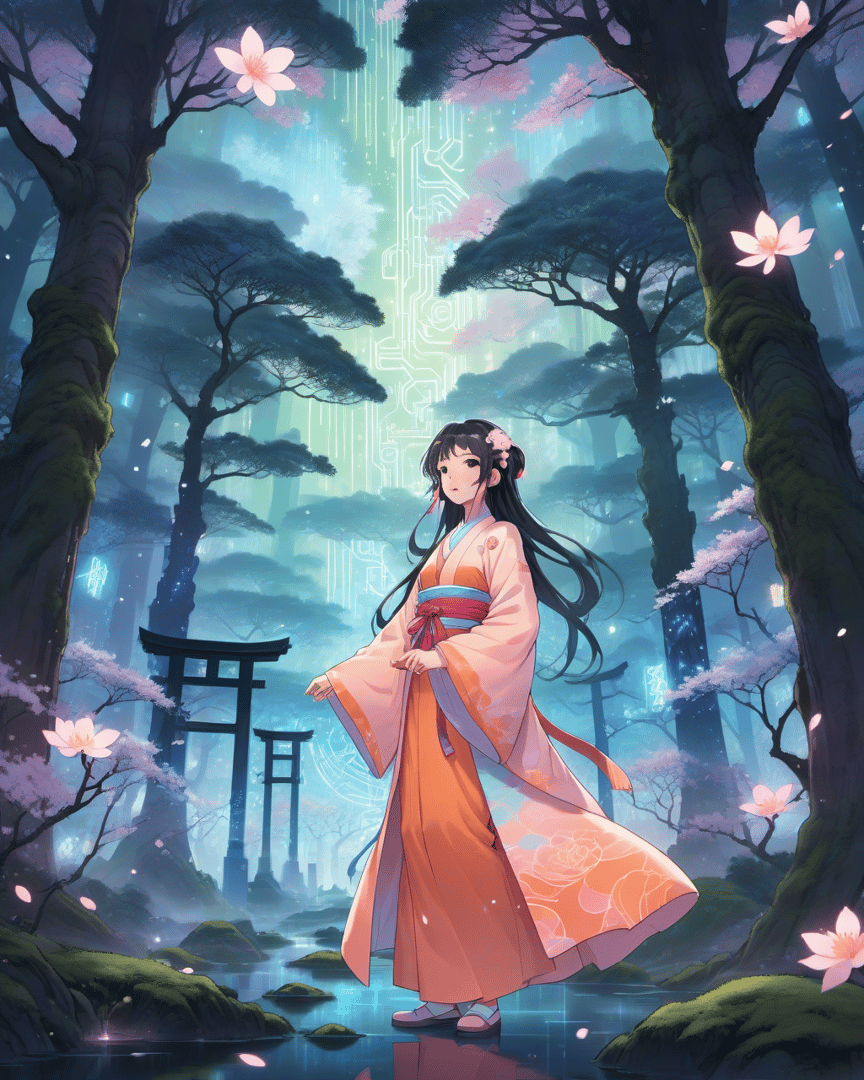 AI generated wallpaper featuring girl, sakura, forest