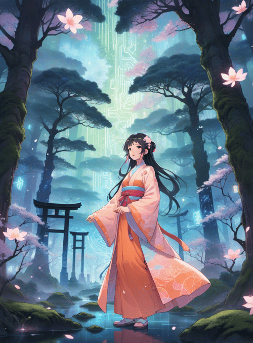 girl, sakura, forest
