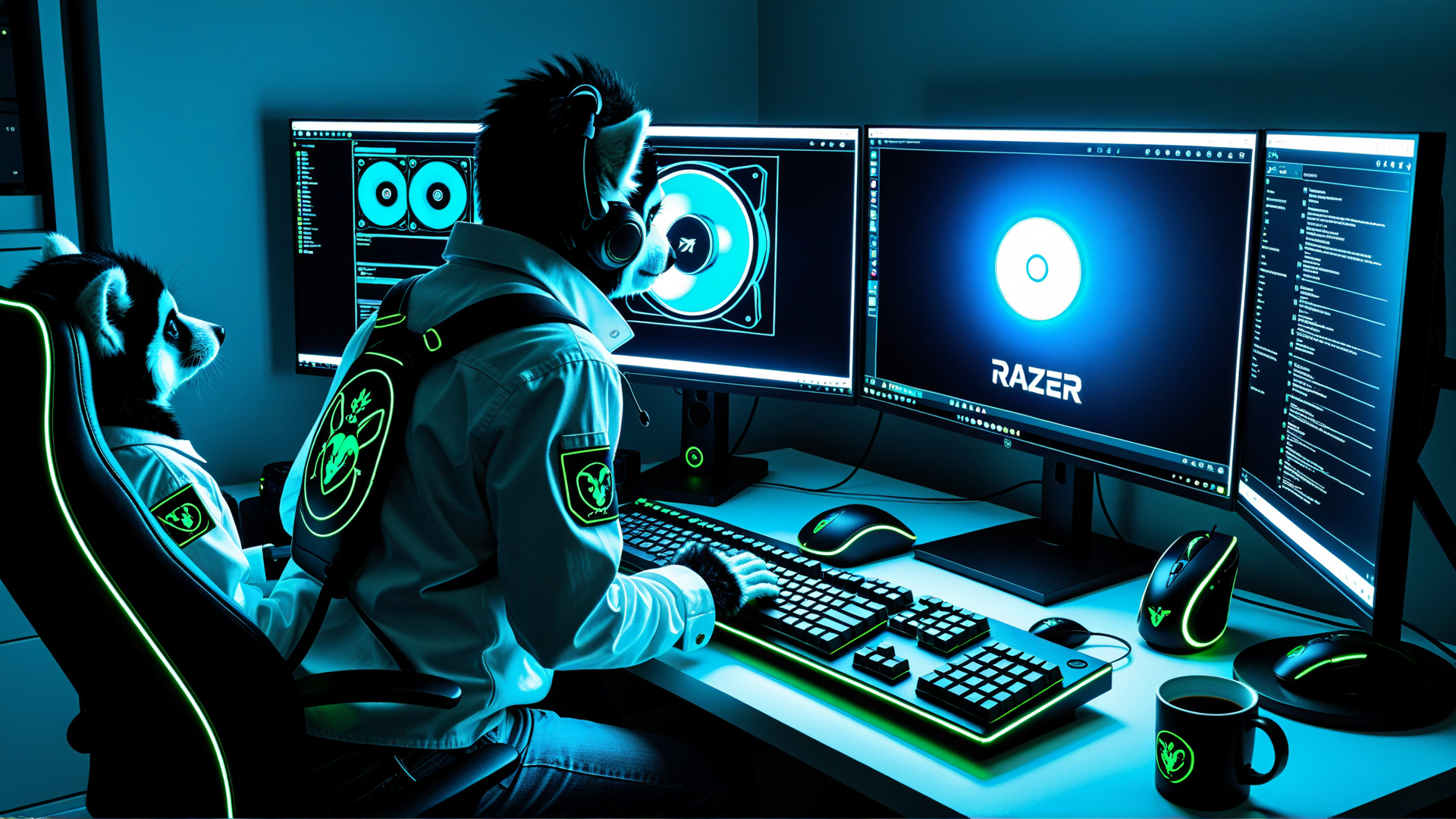 AI generated wallpaper featuring cat, dog, gaming, desktop, keyboard, mouse, monitor, razer, chair, mug