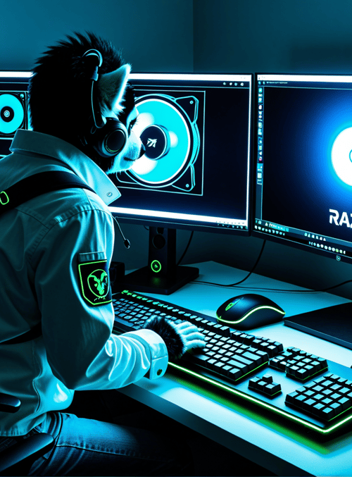cat, dog, gaming, desktop, keyboard, mouse, monitor, razer, chair, mug