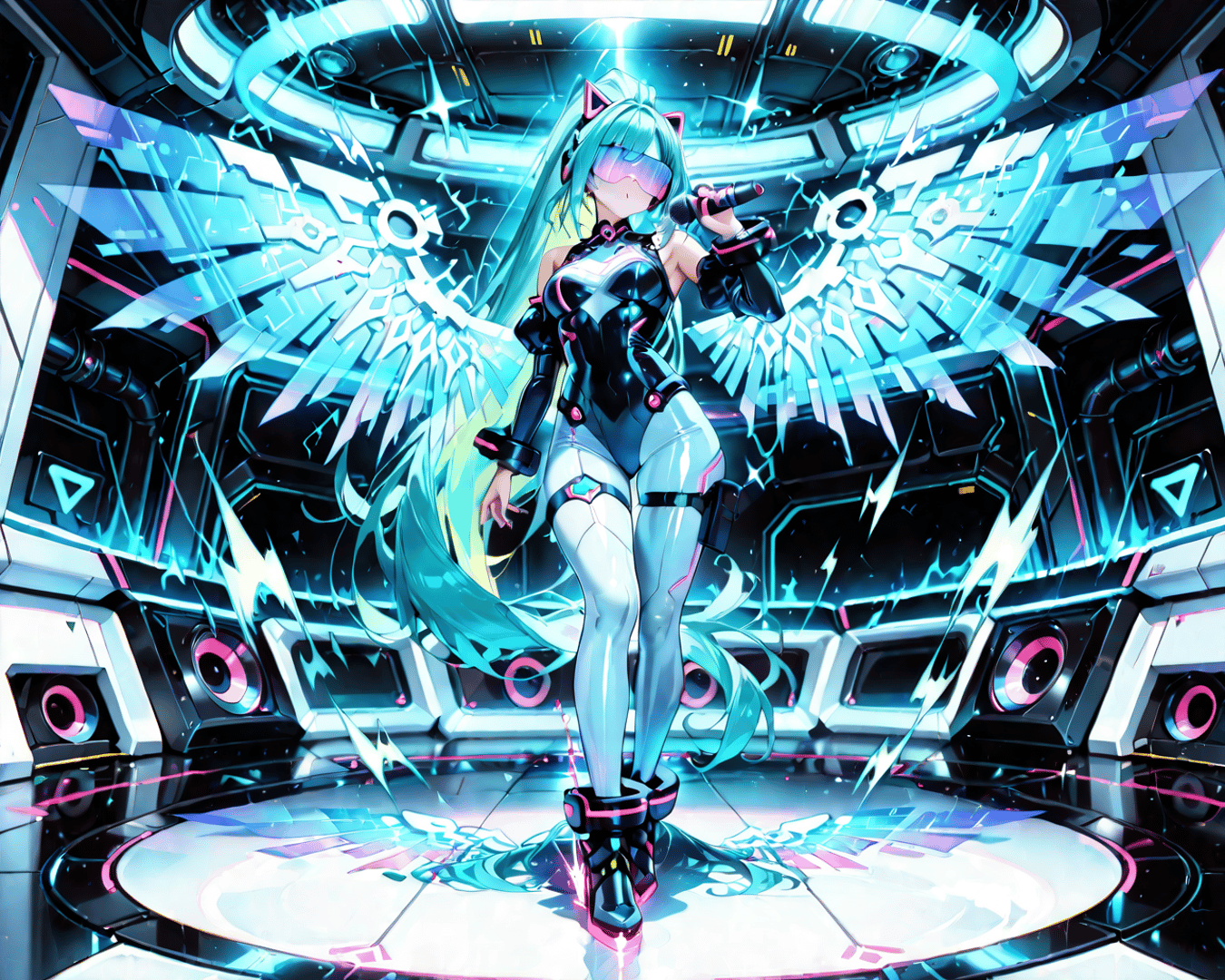 AI generated wallpaper featuring anime girl, singer, cybernetic