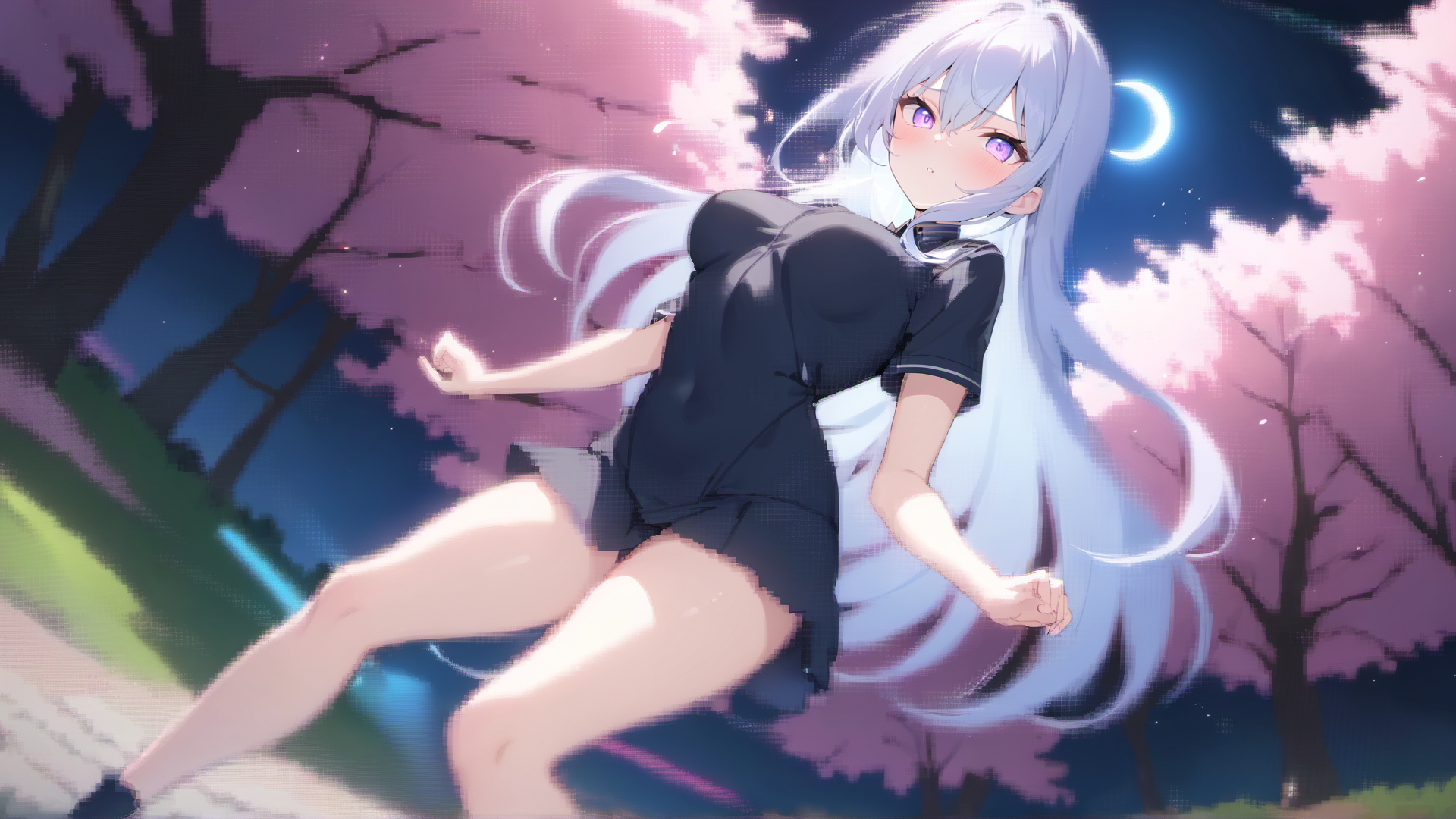 AI generated wallpaper featuring girl, cherry blossoms, moon