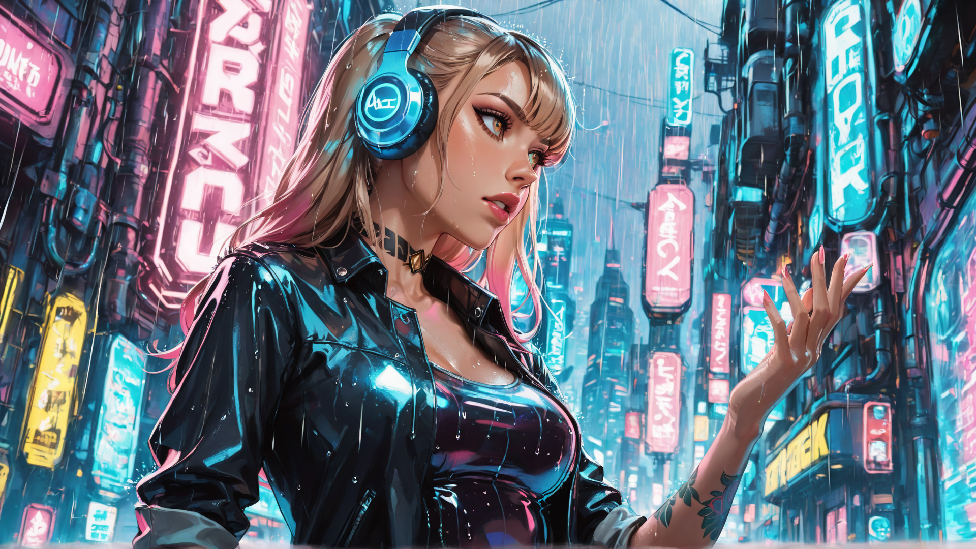 AI generated wallpaper featuring woman, neon, city, headphones, rain, jacket, tattoo, signs