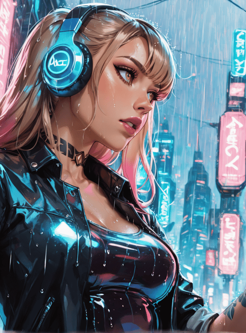 woman, neon, city, headphones, rain, jacket, tattoo, signs