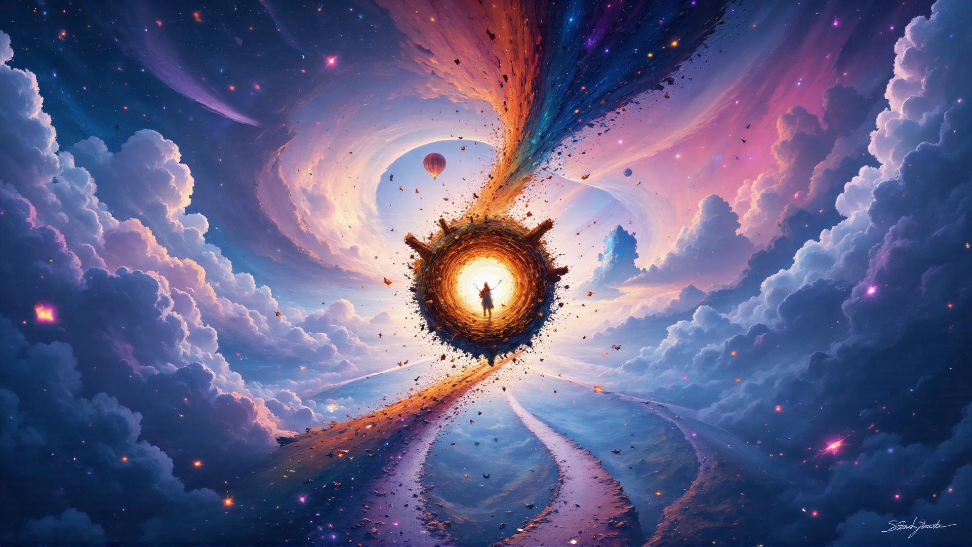 AI generated wallpaper featuring figure, cosmic vortex, clouds