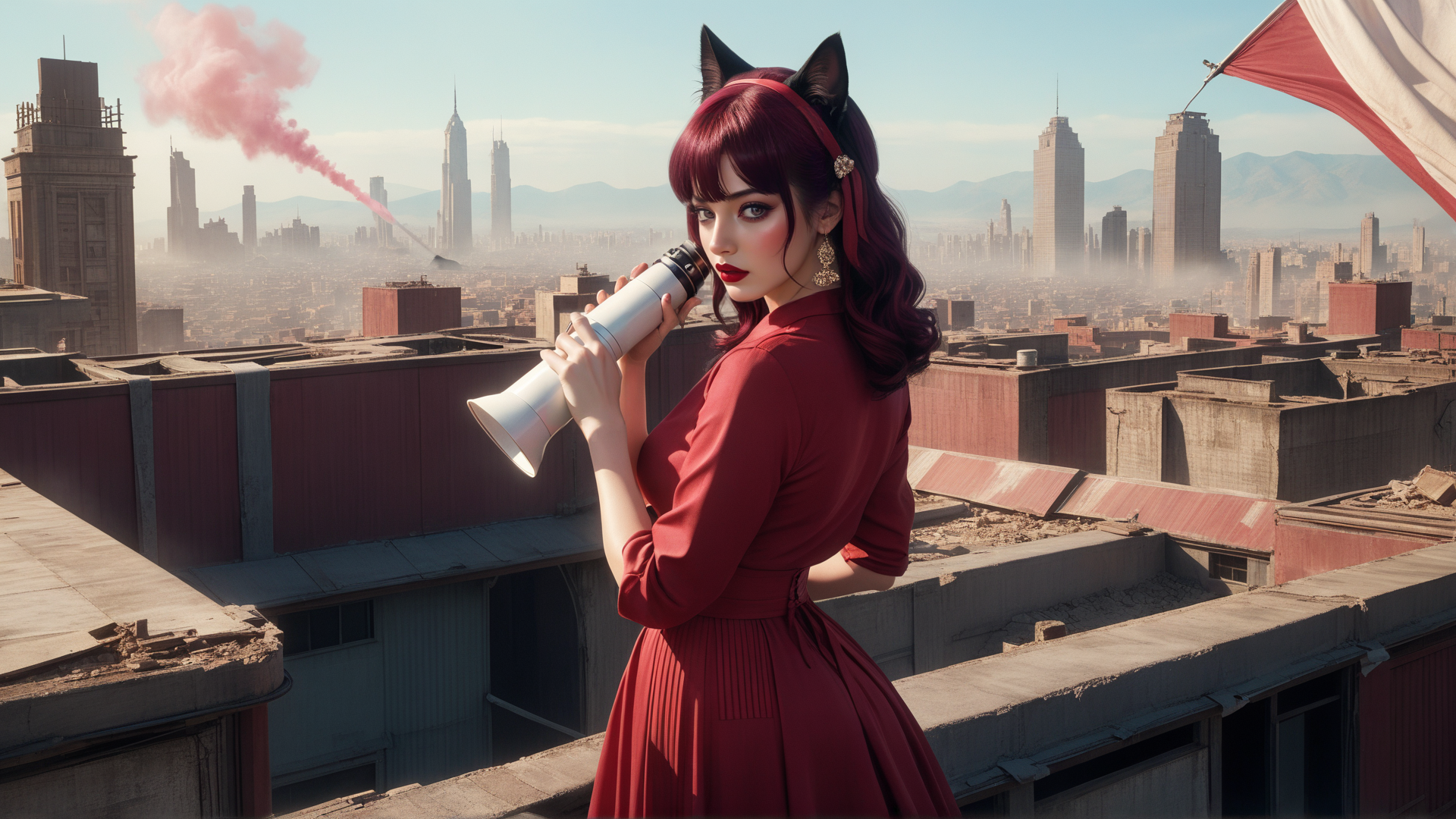 AI generated wallpaper featuring cat ear girl, megaphone, cityscape