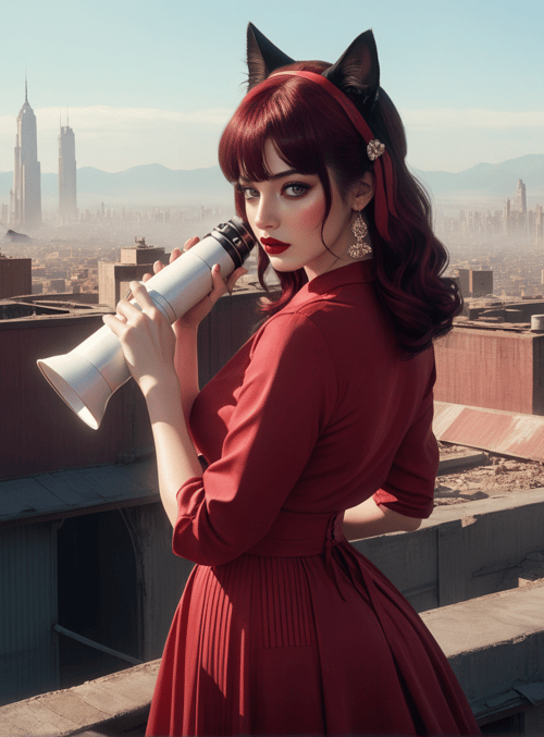 cat ear girl, megaphone, cityscape
