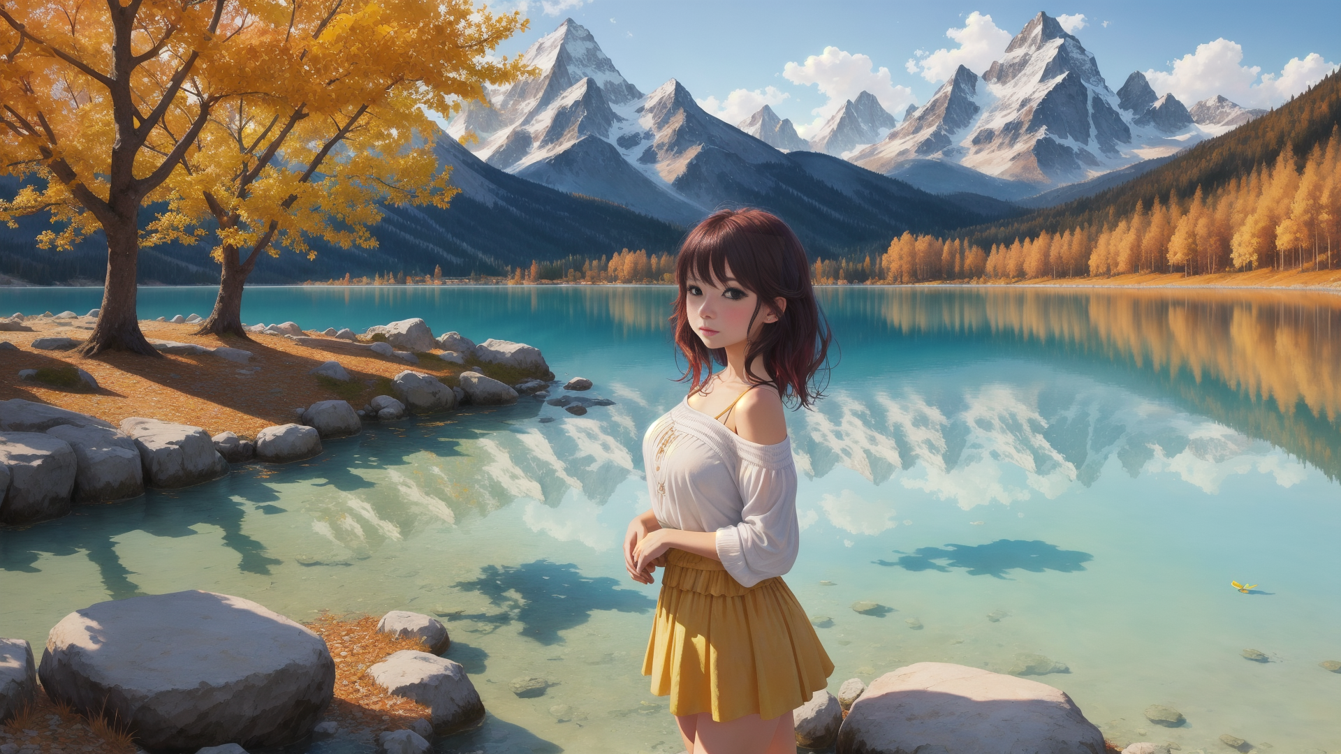 AI generated wallpaper featuring girl, lake, mountains