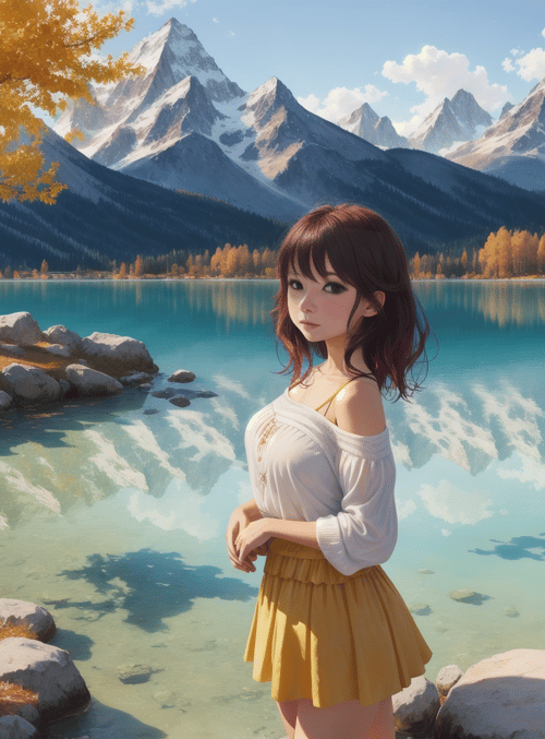 girl, lake, mountains
