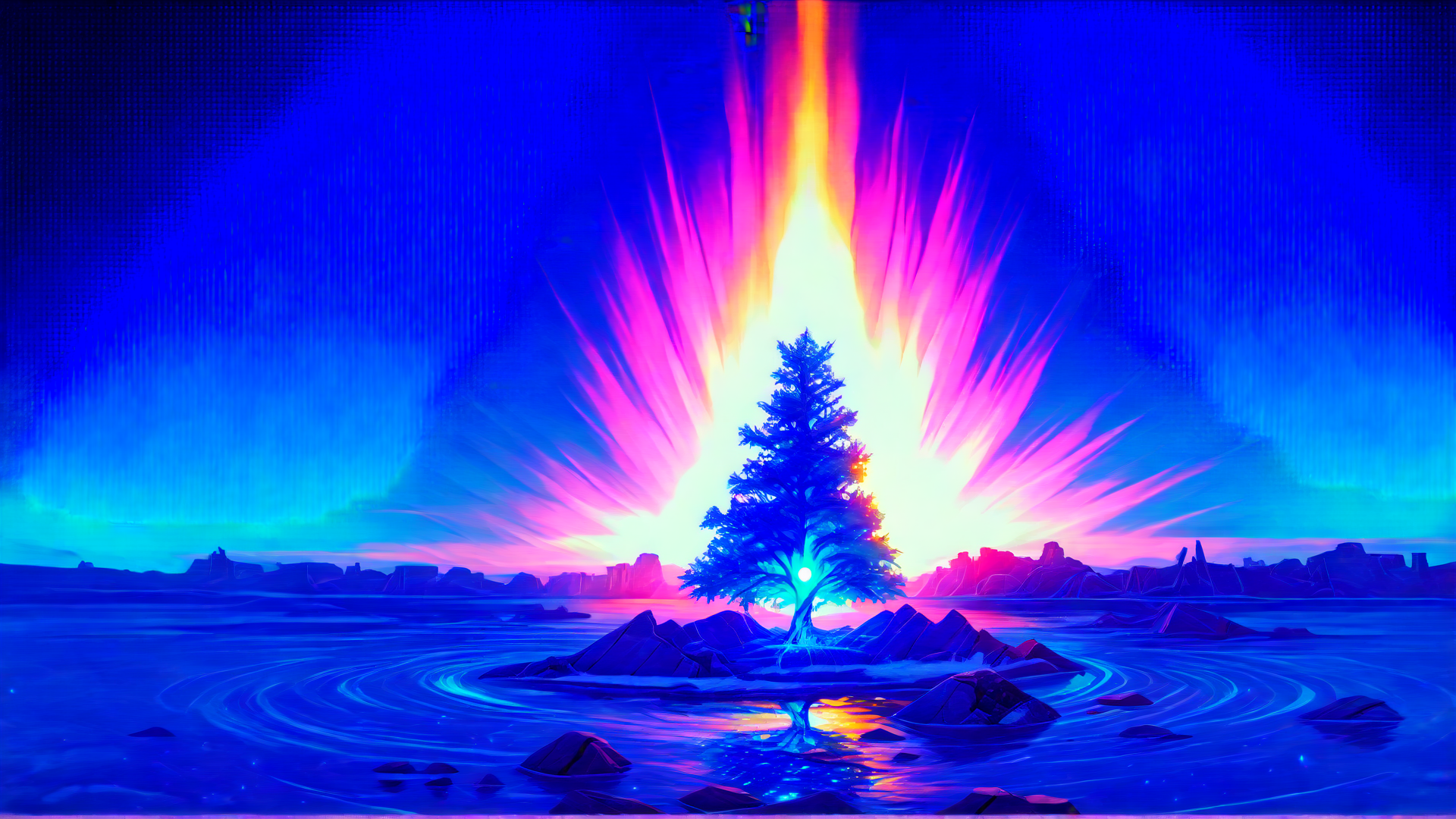 AI generated wallpaper featuring tree, aurora, mountains, water, rock