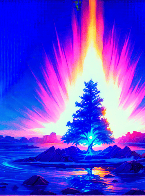 tree, aurora, mountains, water, rock