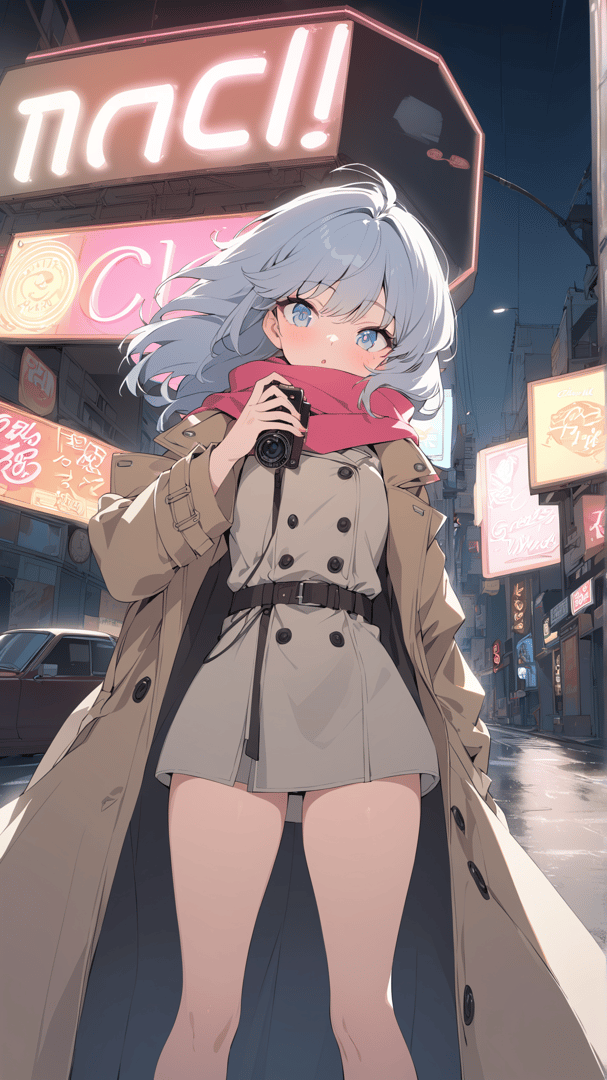 AI generated wallpaper featuring girl, camera, city
