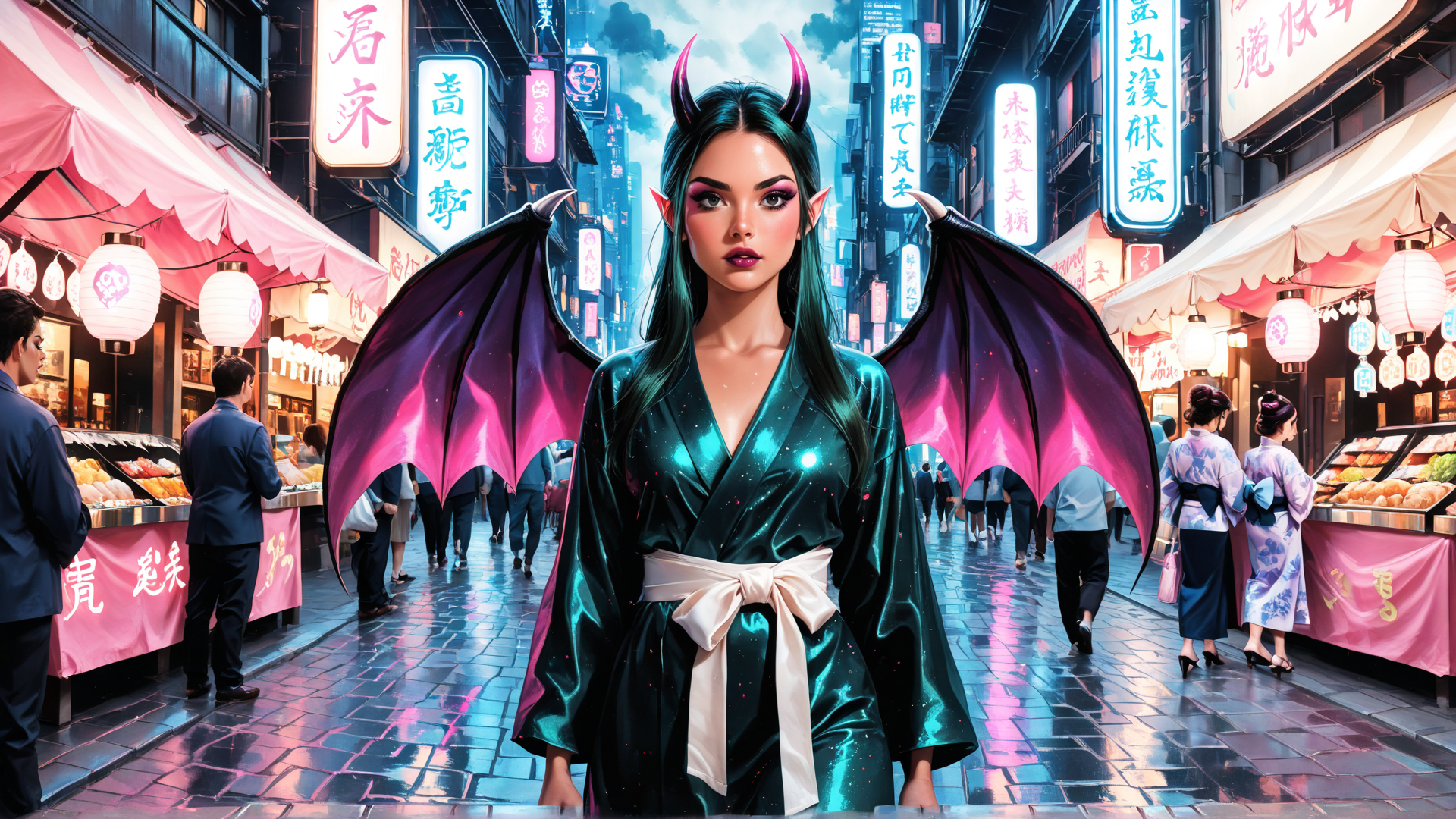 AI generated wallpaper featuring demon, woman, market, street, wings, horn, kimono, signboard, lantern, people