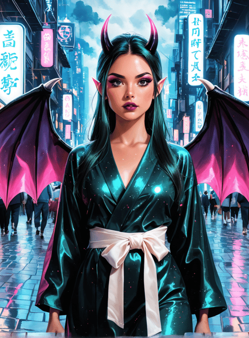 demon, woman, market, street, wings, horn, kimono, signboard, lantern, people