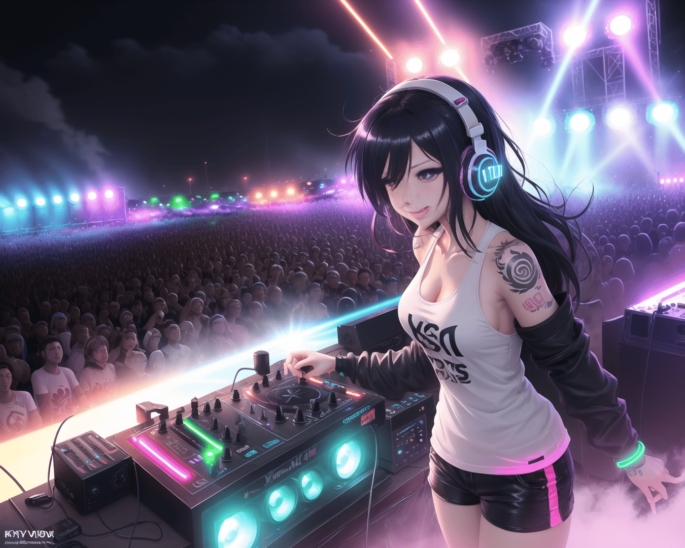 AI generated wallpaper featuring dj, anime girl, crowd