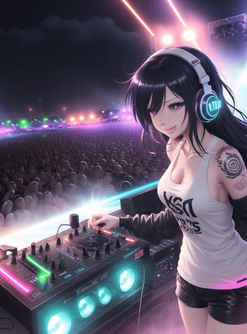 dj, anime girl, crowd