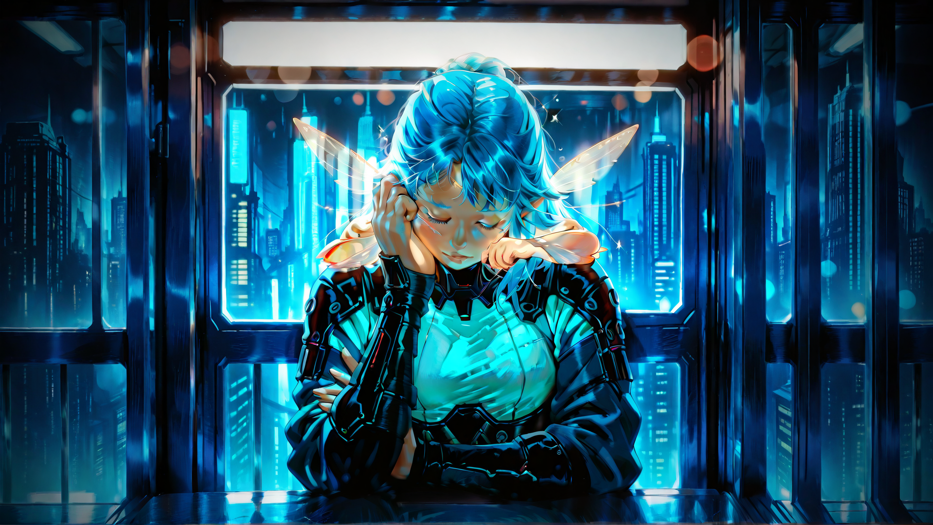 AI generated wallpaper featuring elf, woman, cyberpunk