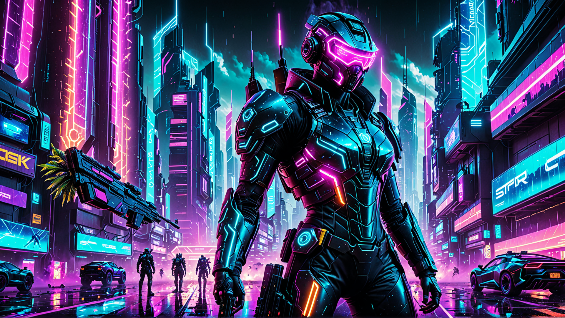 AI generated wallpaper featuring cyborg, soldier, city