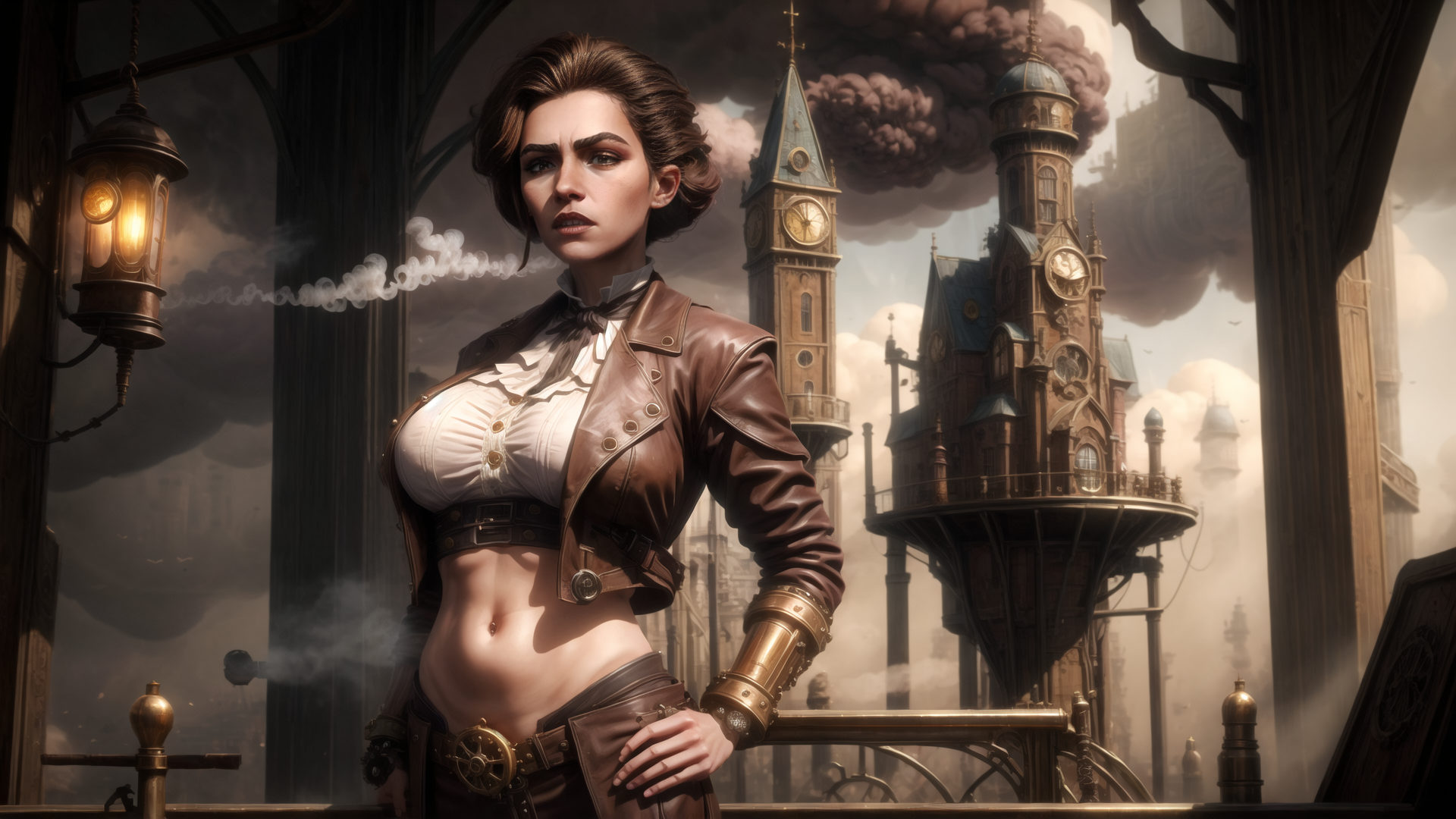 AI generated wallpaper featuring woman, steampunk, clocktower