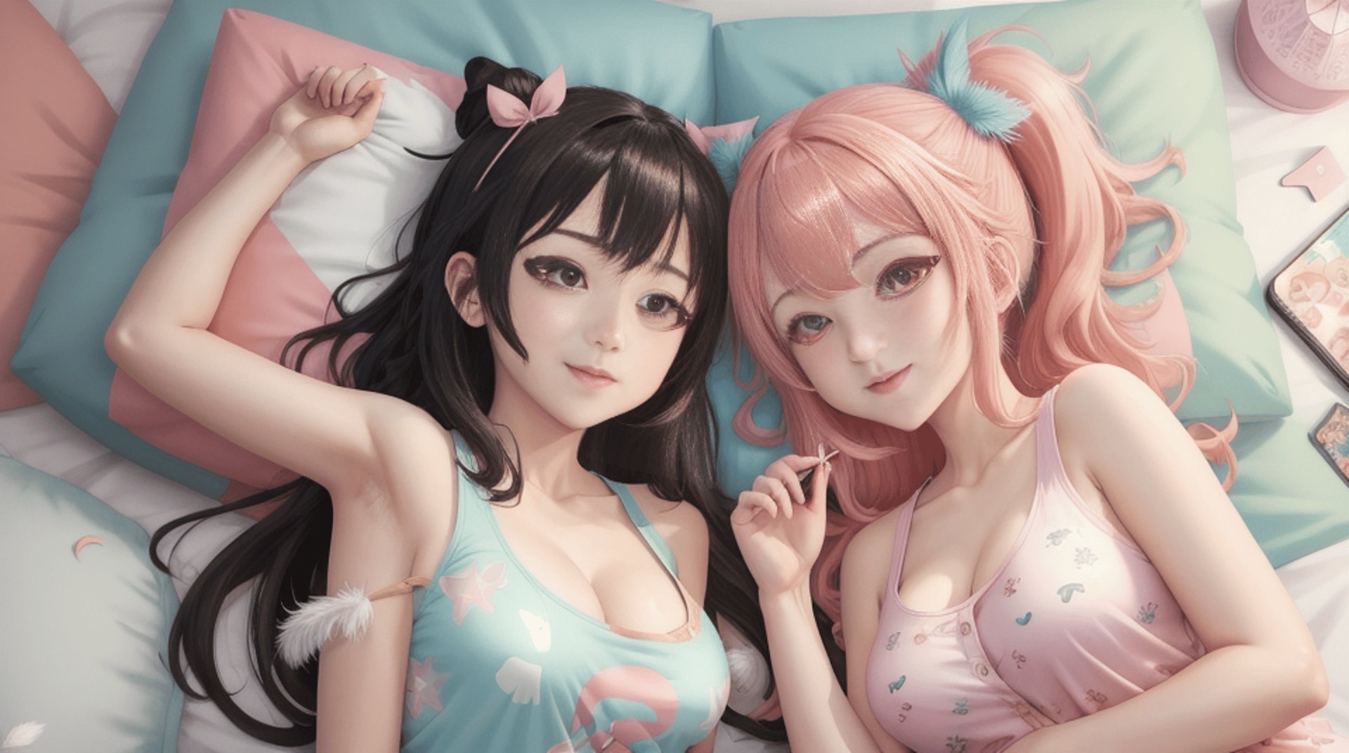 AI generated wallpaper featuring girls, anime, bed