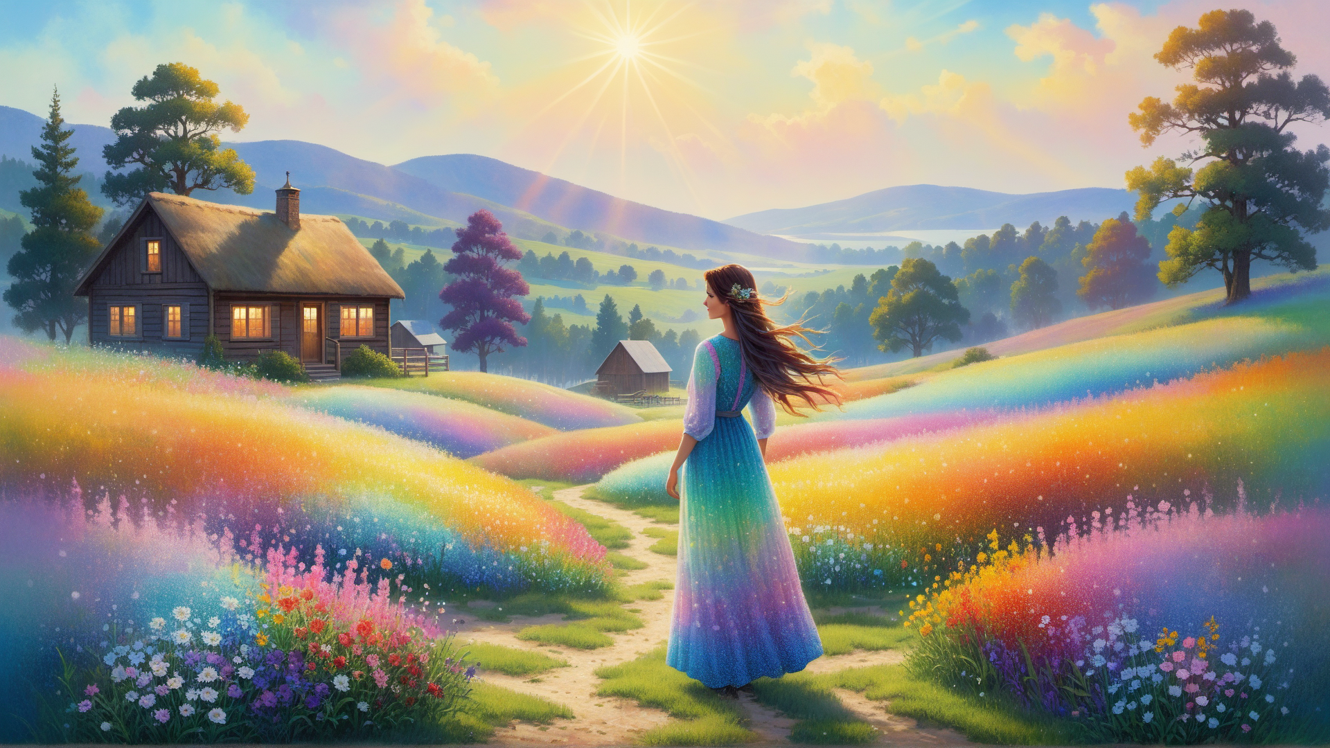 AI generated wallpaper featuring woman, house, flowers, path, trees, mountains