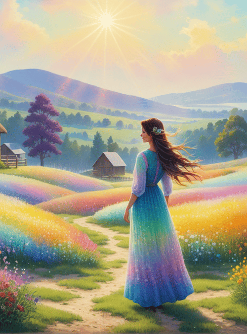 woman, house, flowers, path, trees, mountains