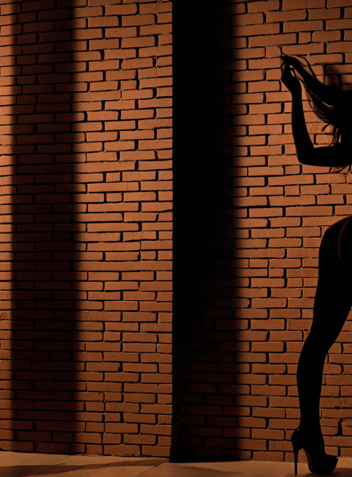 silhouette, woman, brick wall, high heels, shadow