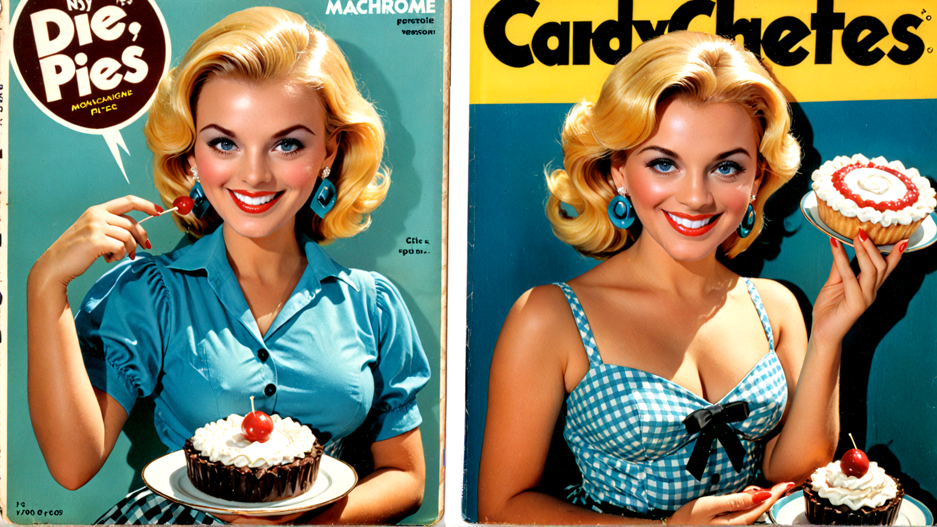 AI generated wallpaper featuring woman, cupcake, cherry, magazine, dress, cake, earring, platter, shirt, ribbon