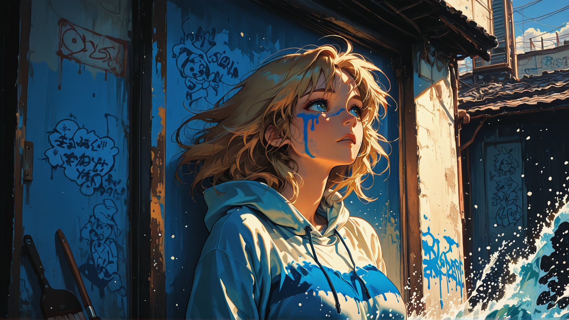 AI generated wallpaper featuring girl, graffiti, wall, water, building, paint, brush, sunlight, street, art