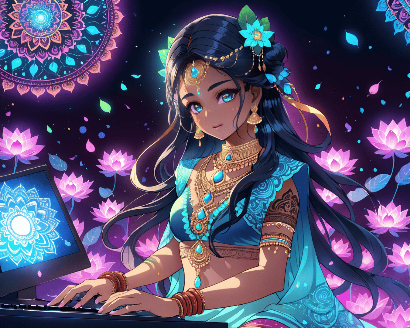 AI generated wallpaper featuring woman, lotus, computer