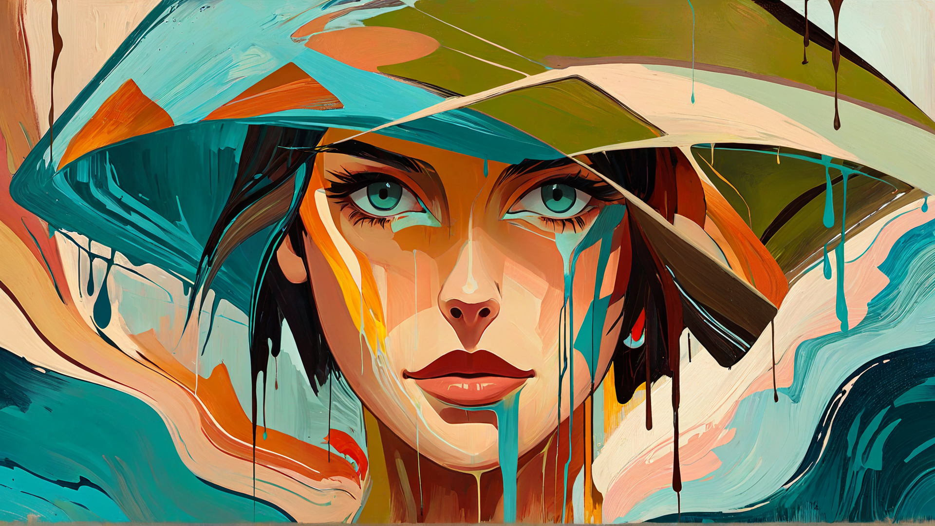 AI generated wallpaper featuring woman, painting, artwork, face, tears