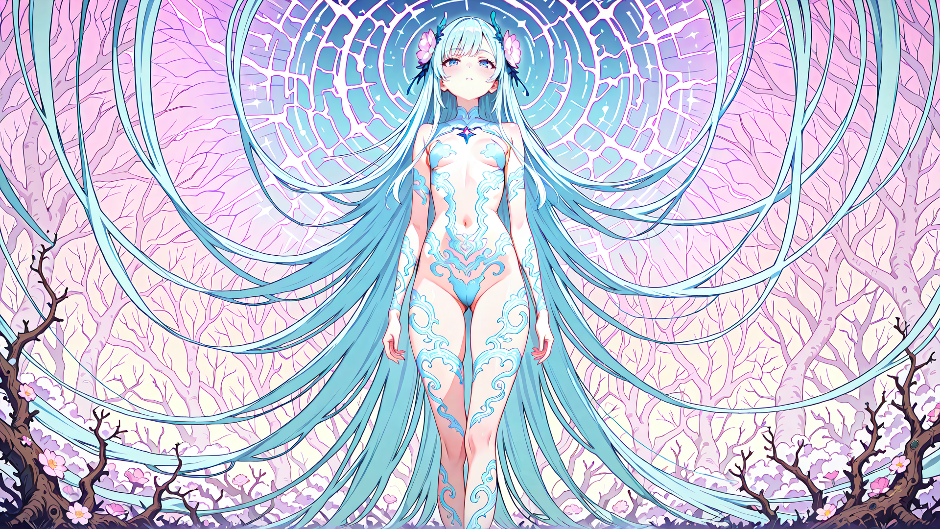AI generated wallpaper featuring anime girl, cherry blossom tree, glowing circles, long hair