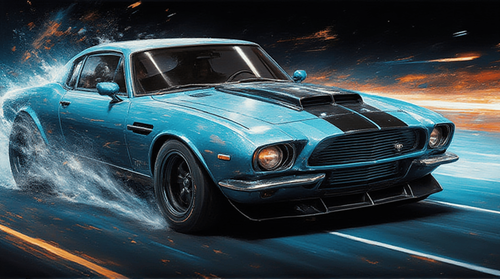 AI generated wallpaper featuring car, blue car, classic car, muscle car, sports car, vehicle, automobile, racing car, streaking car, southeast asian car