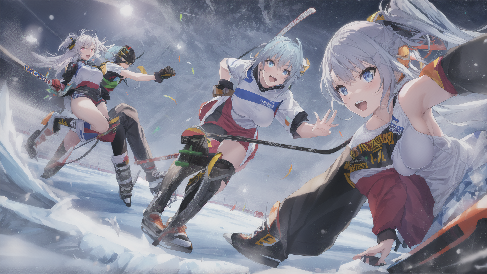 AI generated wallpaper featuring anime girls, hockey, ice rink, sports, athletes, sledding, skates, uniforms, team, competition