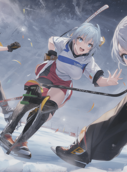 anime girls, hockey, ice rink, sports, athletes, sledding, skates, uniforms, team, competition
