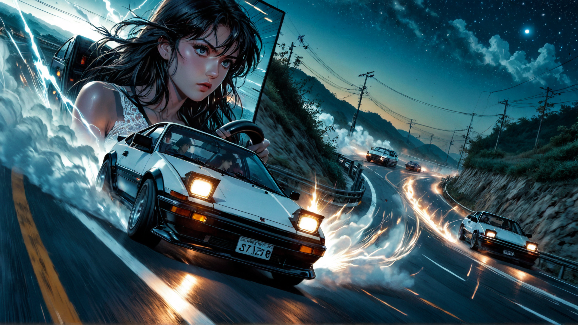 AI generated wallpaper featuring woman, car, road, nissan, speed, race, night, cars, smoke, lightning