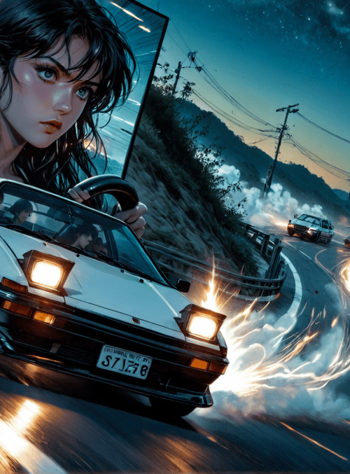 woman, car, road, nissan, speed, race, night, cars, smoke, lightning