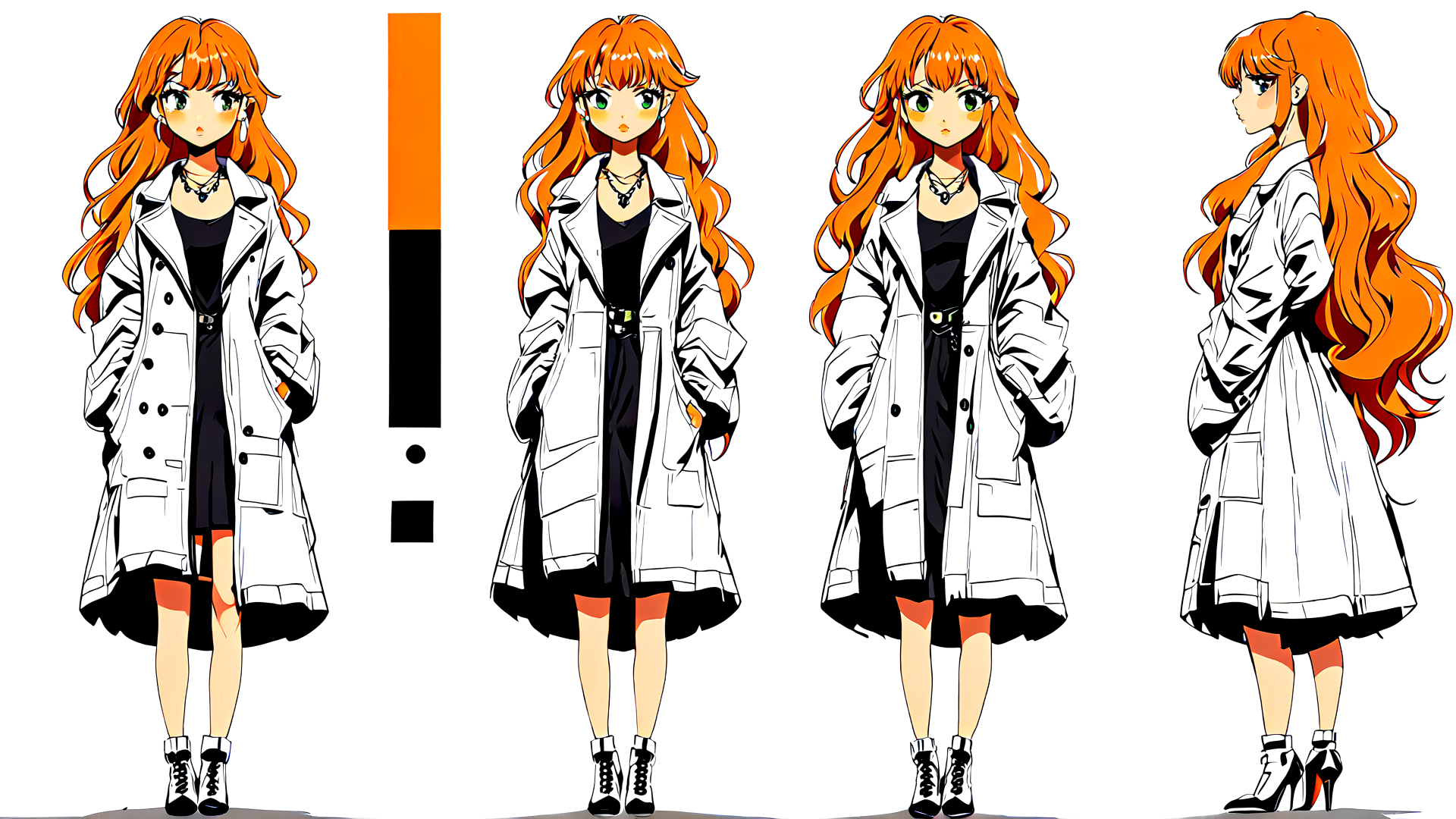 AI generated wallpaper featuring anime girl, orange hair, white coat, black dress, high heels, necklace